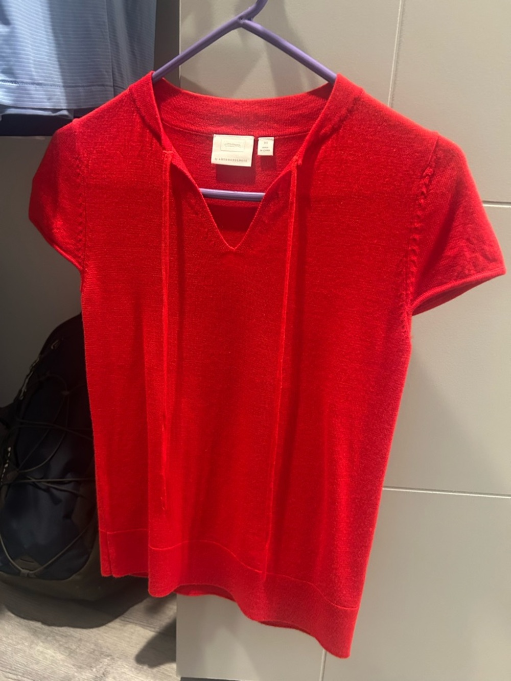 Anthropologie Red Short-Sleeve Hooded Knit Top